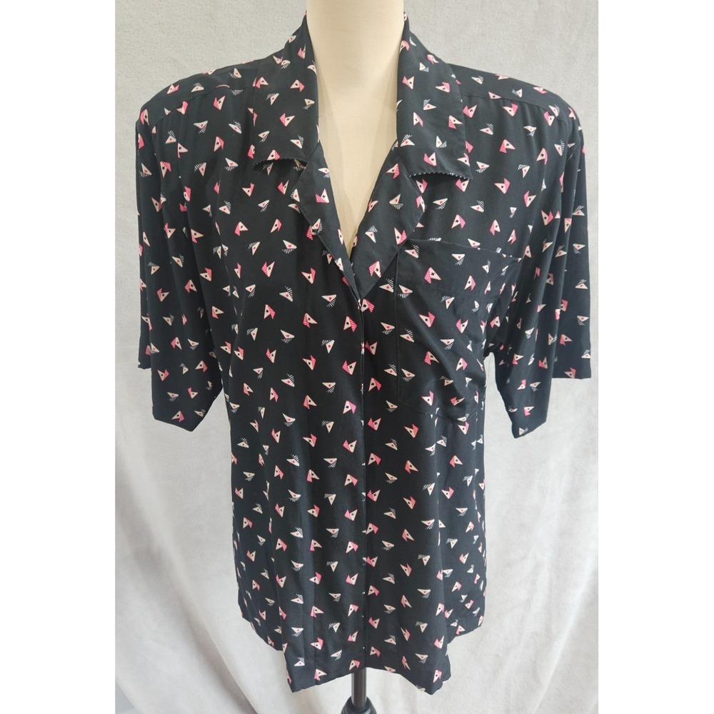 Vintage‎ Ellen Tracy 80s Silk Blouse Shoulder Pads Black Nautical Sailboat Print
